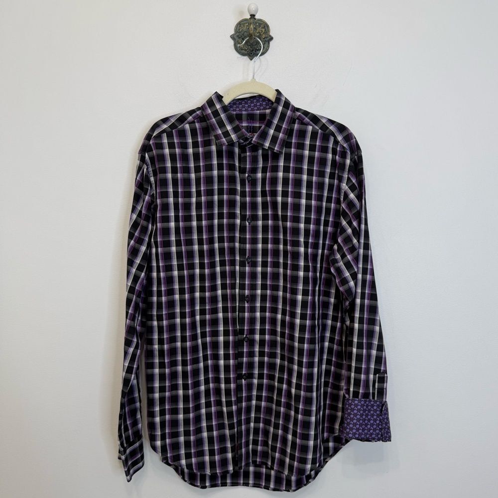 Robert Graham Black Purple Plaid Long Sleeve Dress Shirt Contrast Trim Men’s L